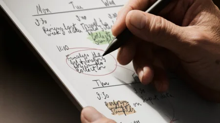 A hand writing a note on the reMarkable paper tablet with the Marker, planning the week.