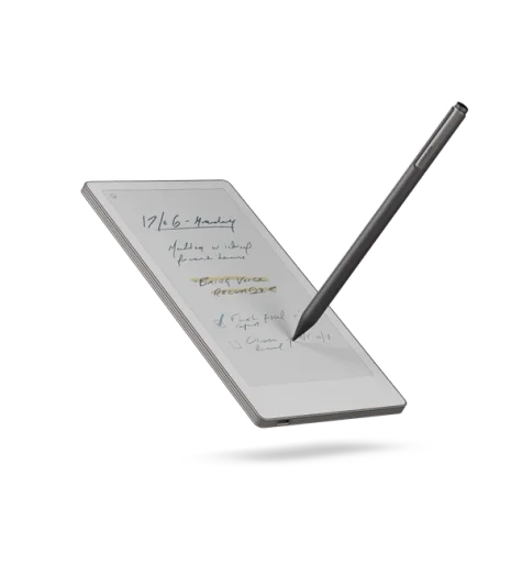 A reMarkable paper tablet displaying sketches and notes with the Marker resting on the screen.