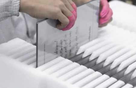 A reMarkable paper tablet being placed into foam dividers.