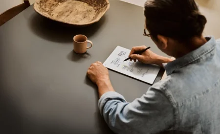 A person sketching ideas on a reMarkable paper tablet with the Marker on a desk.