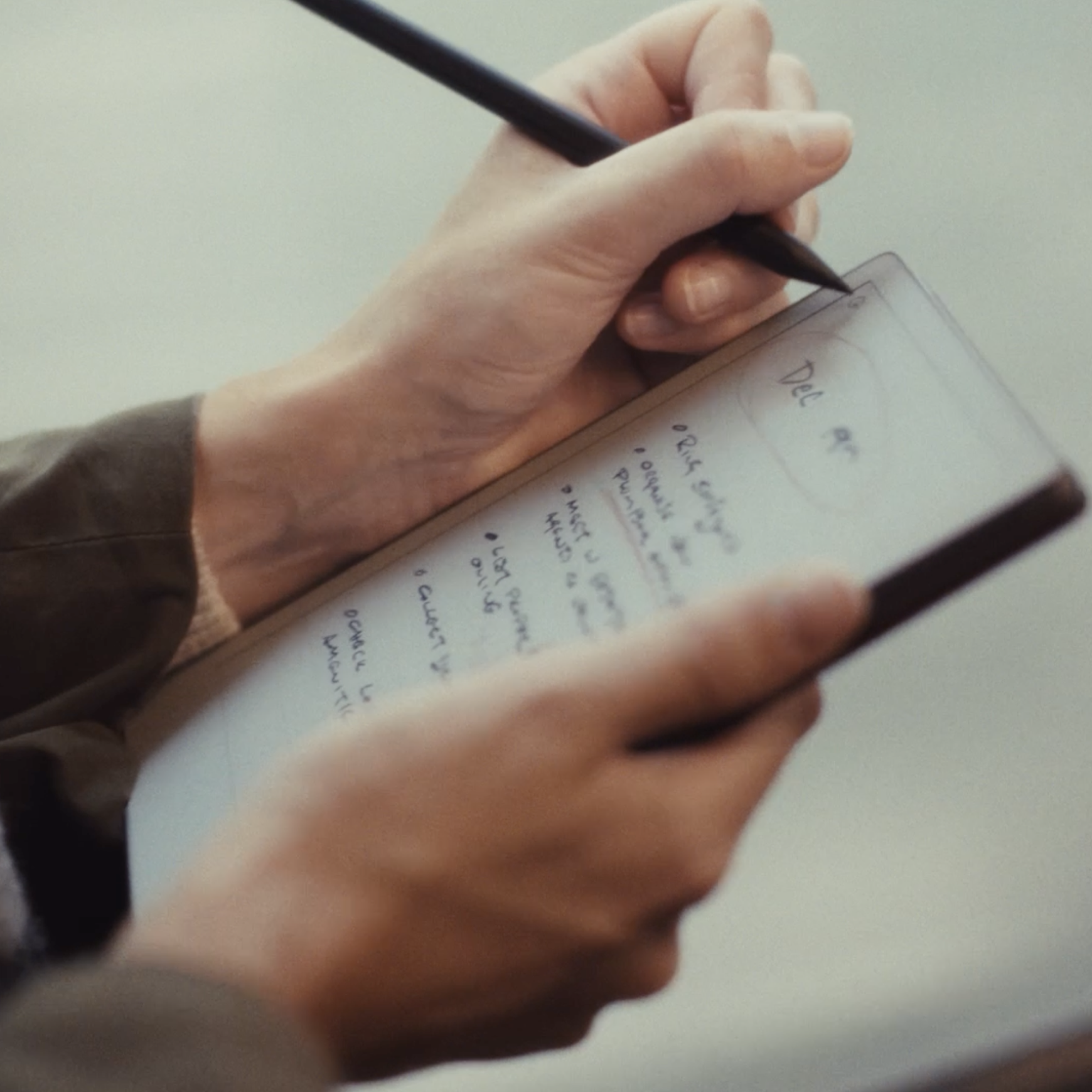 A woman writing a note on her reMarkable Paper Pro Move.