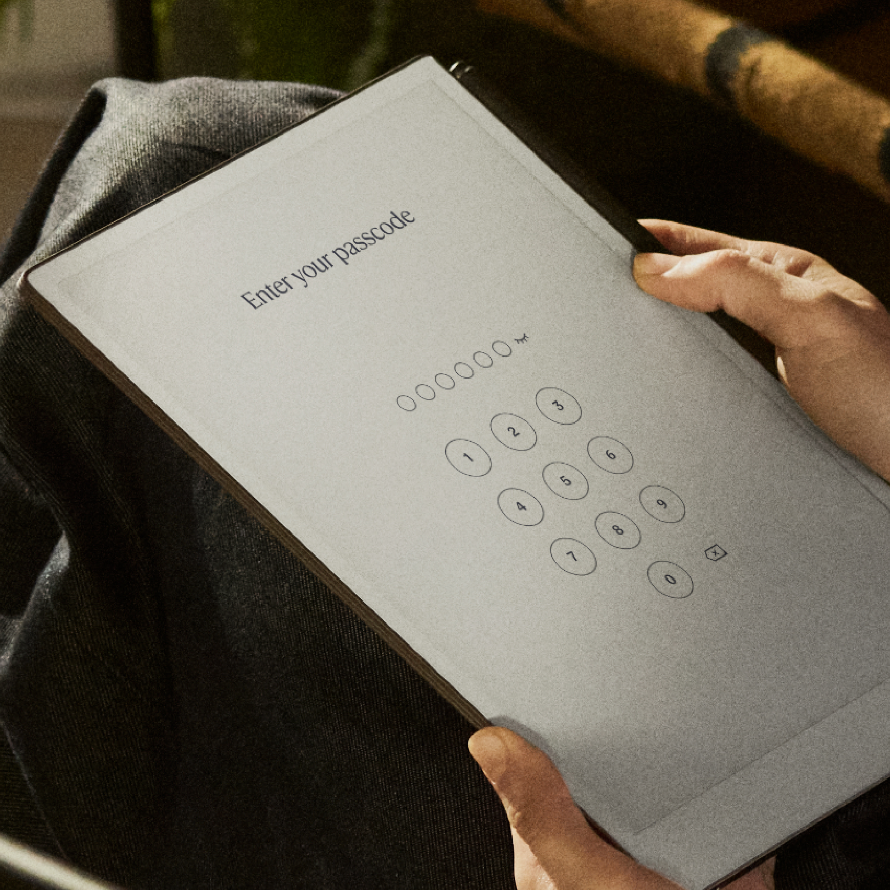 A reMarkable Paper Pro displaying a passcode entry screen.
