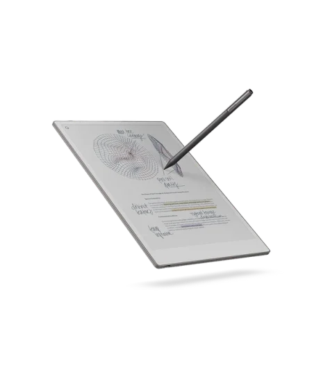 A reMarkable paper tablet displaying sketches and notes with the Marker resting on the screen.