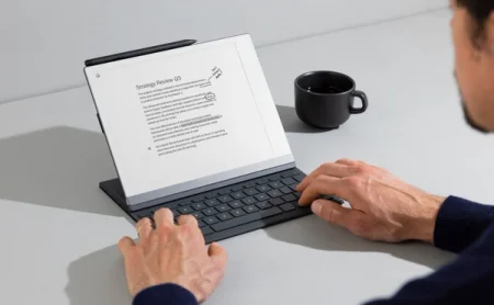 A reMarkable paper tablet with a Type Folio attached displaying notes.