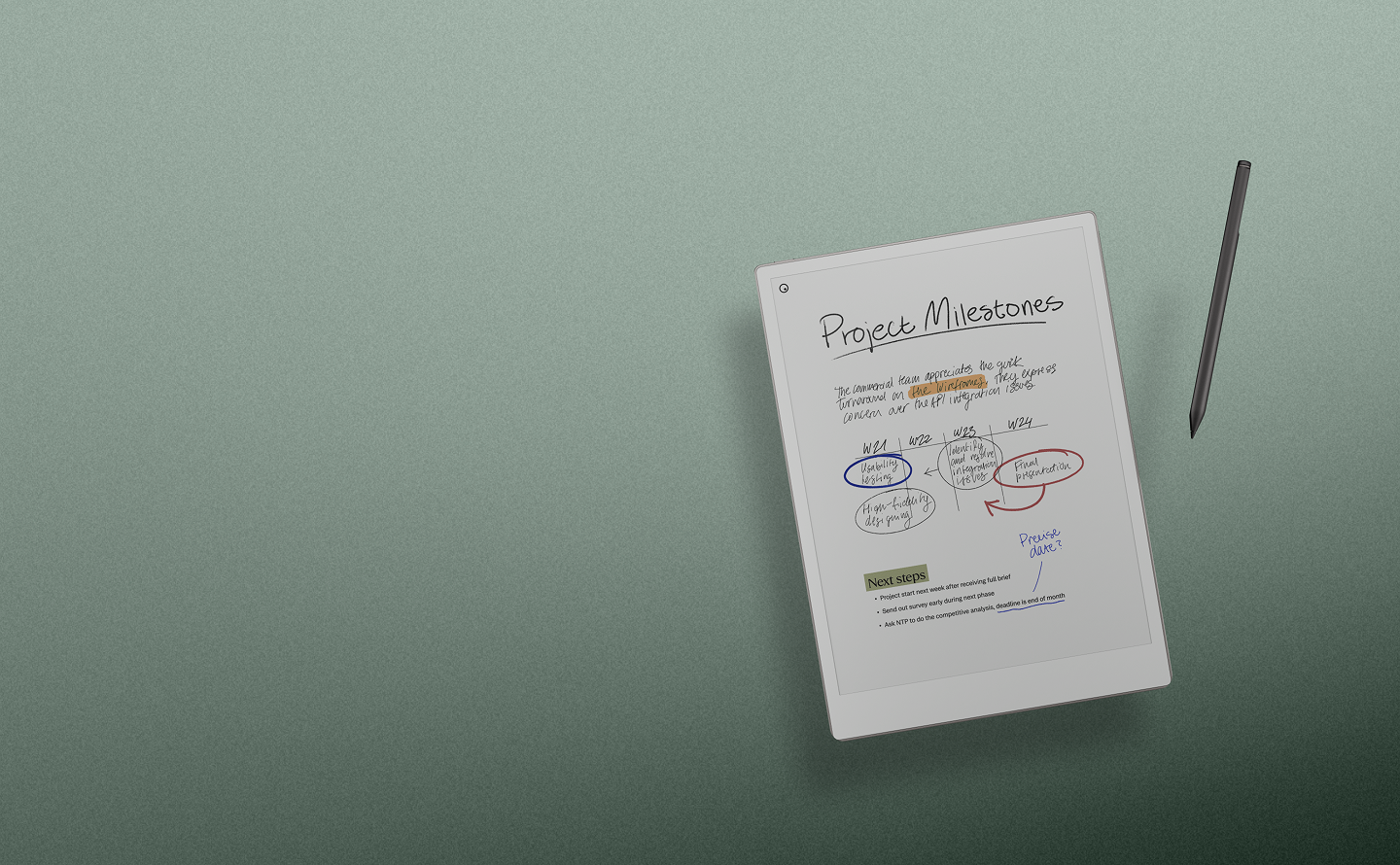 reMarkable paper tablet displaying project milestones with the Marker resting nearby.