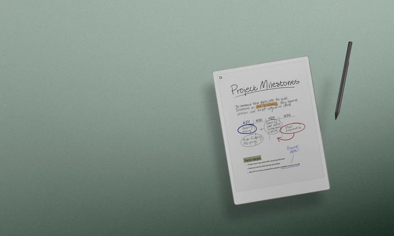 reMarkable paper tablet displaying project milestones with the Marker resting nearby.