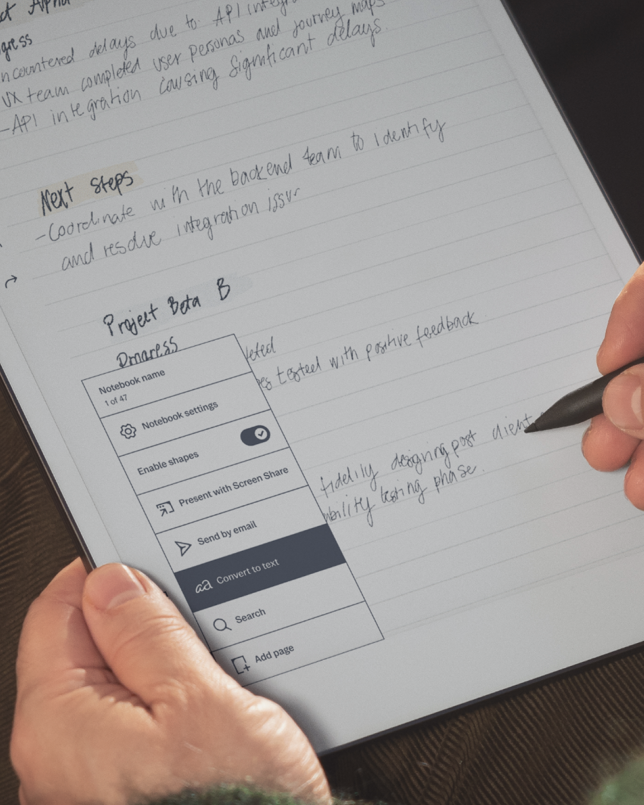 A reMarkable Paper Pro with the "Convert to text"-option selected in the menu.