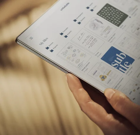 reMarkable Paper Pro tablet displaying files and folders like 'Projects,' 'Reports,' and 'Articles' on tablet home screen.