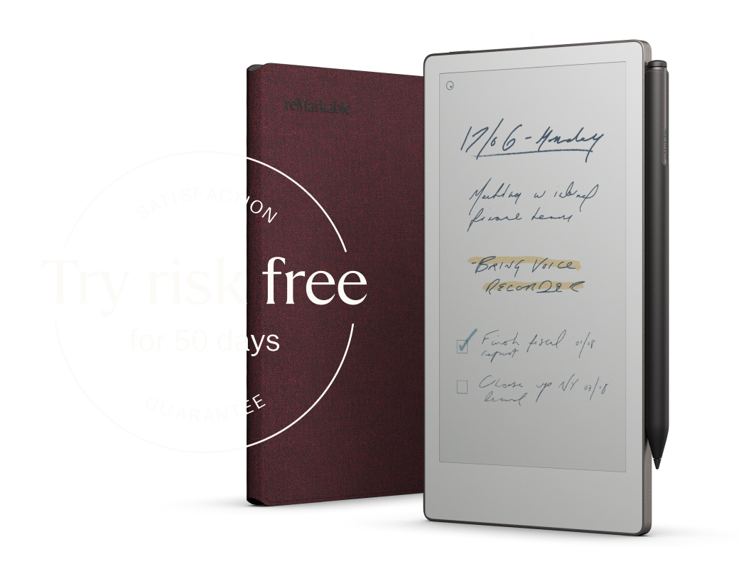 A reMarkable Paper Pro Move and a Book Folio in burgundy, with a satisfaction guarantee statement. 