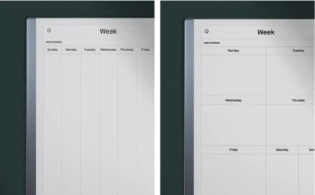 reMarkable paper tablet showing two variants of weekly schedule templates.