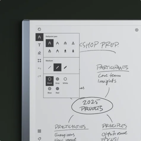 reMarkable 2 tablet displaying a mind map for workshop preparation with drawing tools on the screen.