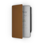 reMarkable Paper Pro Move tablet in premium brown leather Book Folio open showing notes, with Marker attached.