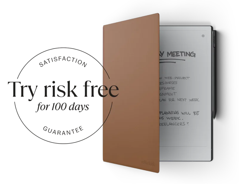 reMarkable paper tablet with brown Book Folio, displaying meeting notes on the screen.