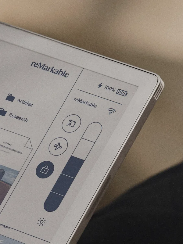 reMarkable paper tablet displaying file management, brightness and connectivity options.