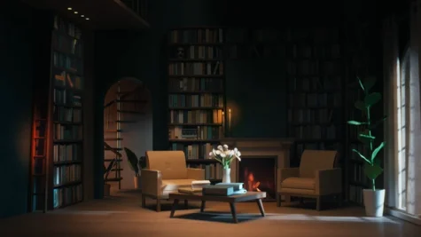 Living room with two armchairs, fireplace, and bookshelves.