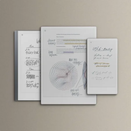 The full portfolio of reMarkable's paper tablet, stacked on top of each other: reMarkable 2, reMarkable Paper Pro, and reMarkable Paper Pro Move.