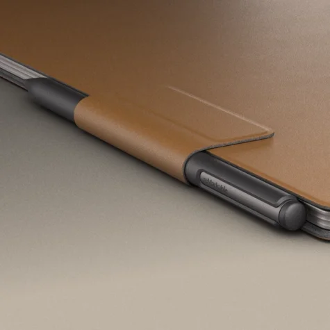 Close-up og a Book Folio leather Brown with a Marker Plus in its holder