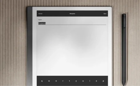 A reMarkable paper tablet showing a "Rename" window with a project titled "Projects."