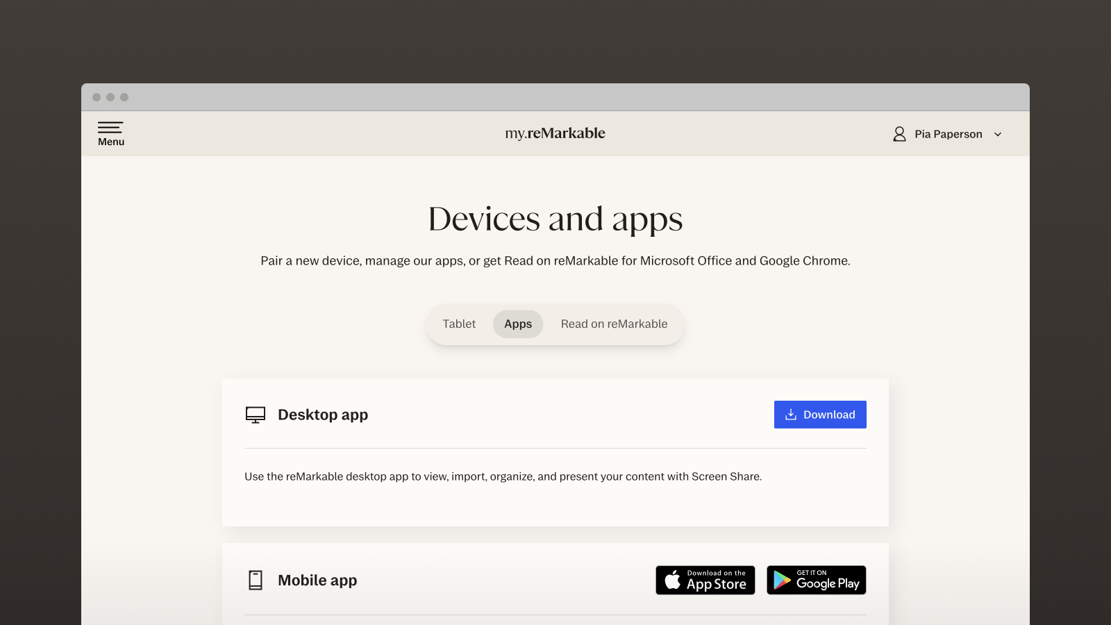 Devices and apps on my reMarkable account page for desktop and mobile download.
