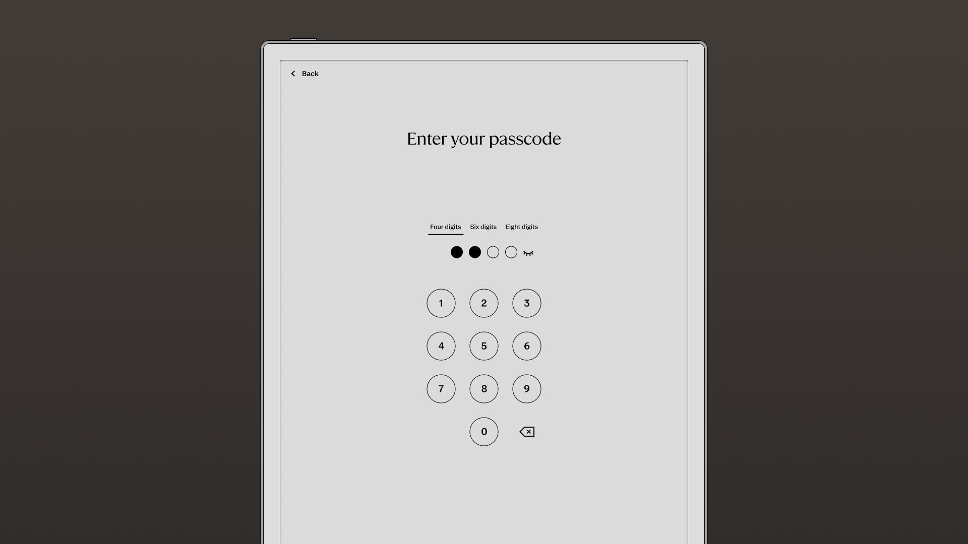 A reMarkable paper tablet displaying a passcode entry screen.
