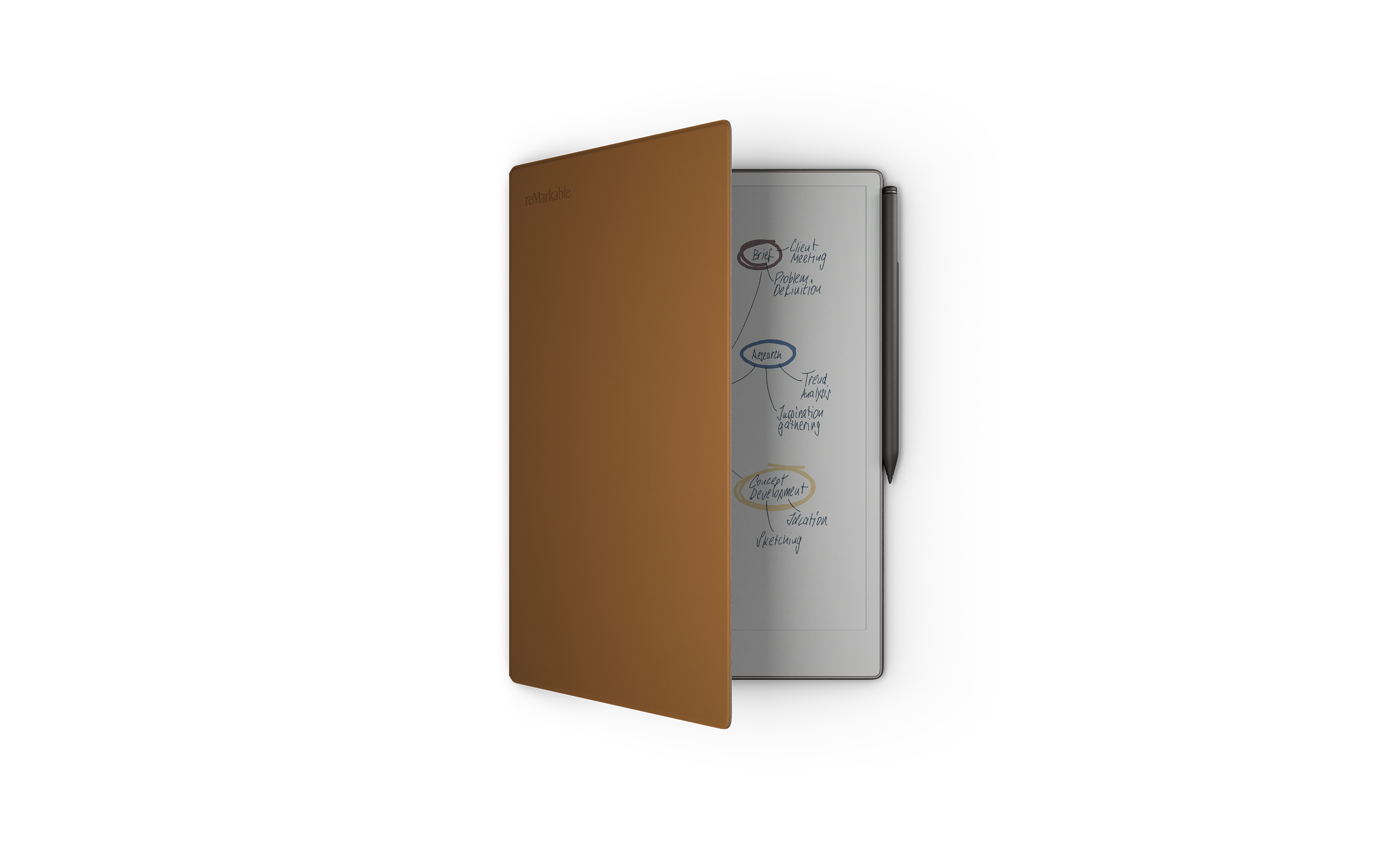 reMarkable Paper Pro with Marker Plus and brown leather folio, half-open