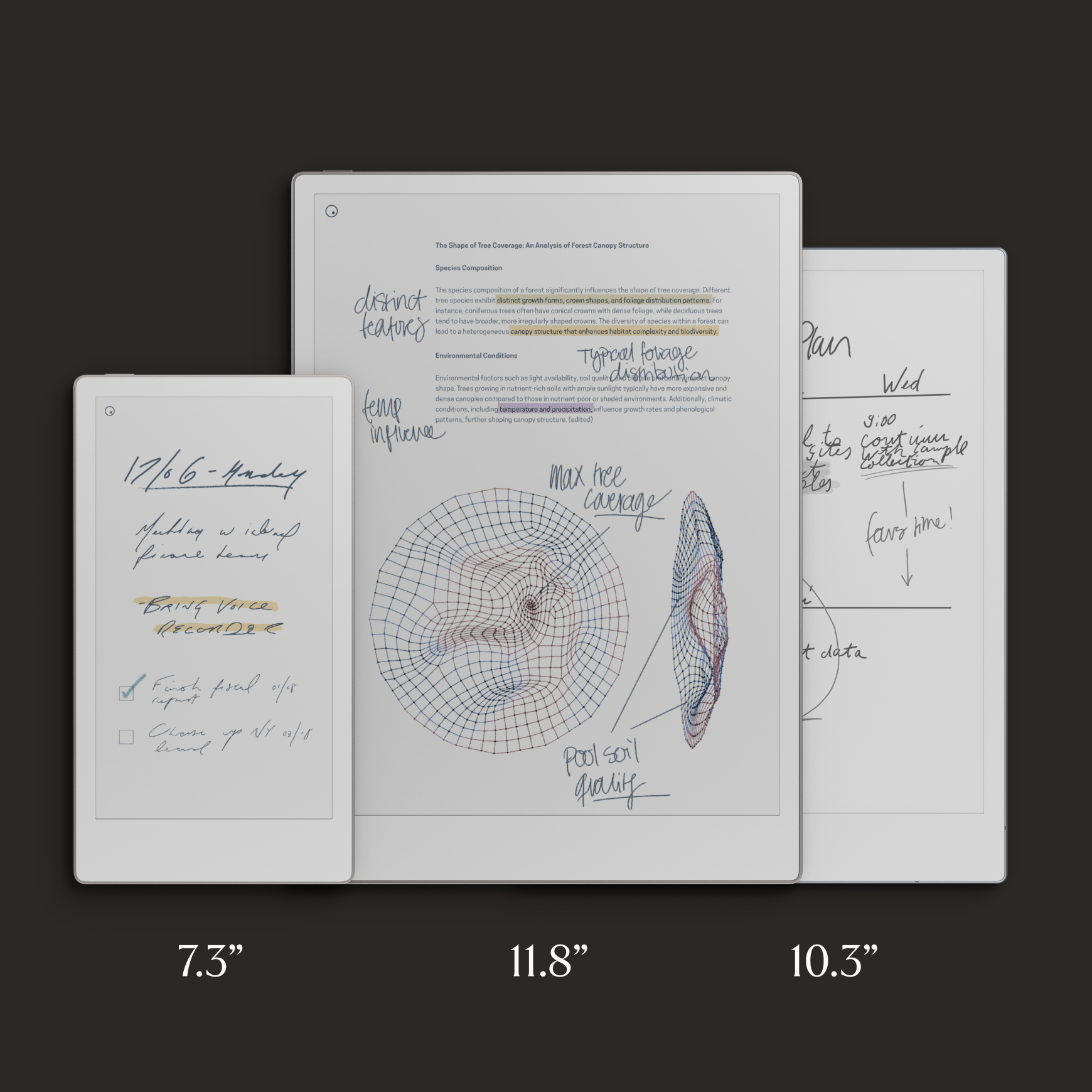 Size comparison between reMarkable Paper Pro Move 7.3", reMarkable Paper Pro 11.8" and reMarkable 2 10.3".