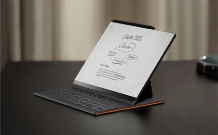 A reMarkable paper tablet with the Type Folio attached displays the "Vision 2025" sketch.