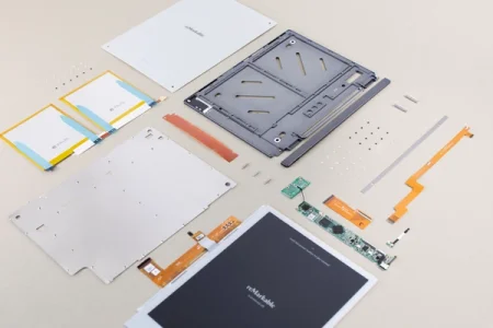 reMarkable paper tablet in an exploded view showing the internal components.