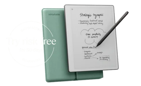 A reMarkable paper tablet with a brown Folio cover displaying notes.