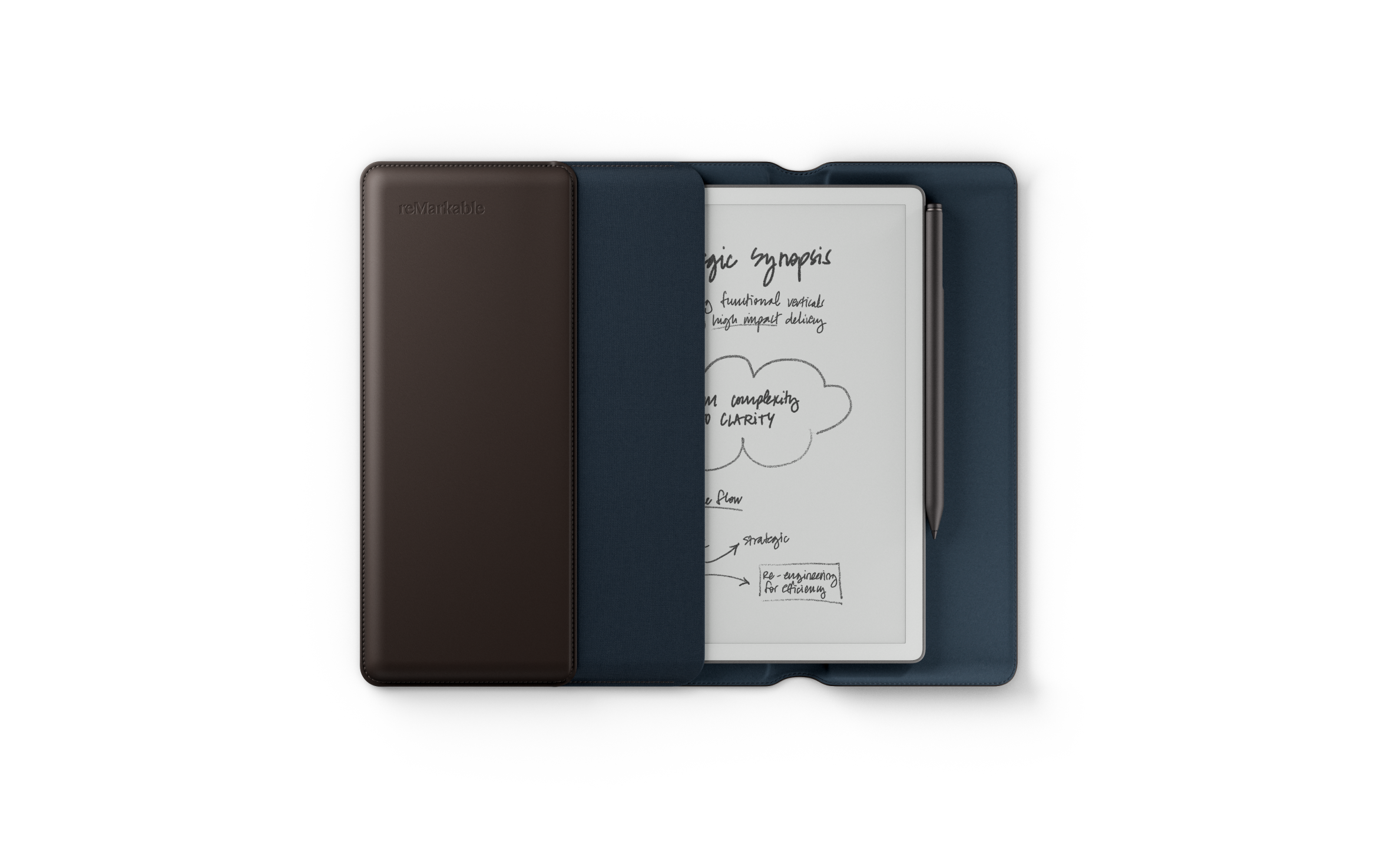 Image of the reMarkable Paper Pure with Marker Plus and Premium Leather Forest Brown Sleeve Folio