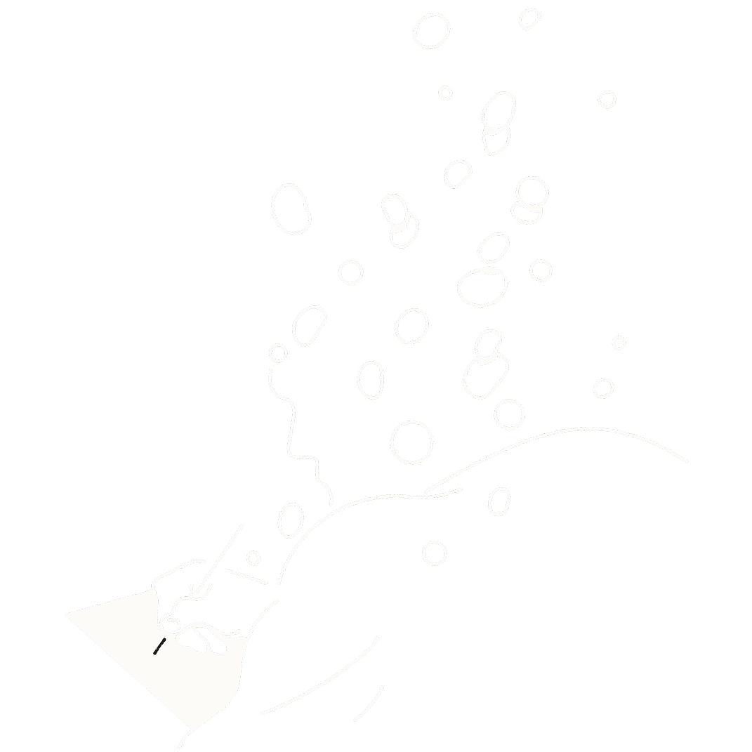 A line illustration of a person writing, with bubbles floating out from their head