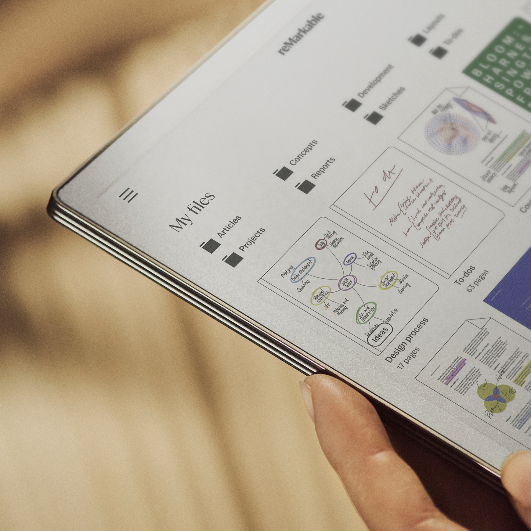 Close-up of a reMarkable Paper Pro with notes and documents organized in folders. 