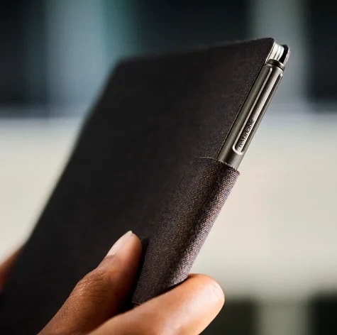 Close up of a reMarkable Paper Pro with a Type Folio folded and closed around it.