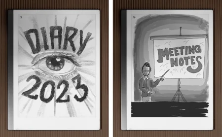 Two reMarkable paper tablets displaying sketched covers for a diary and meeting notes.