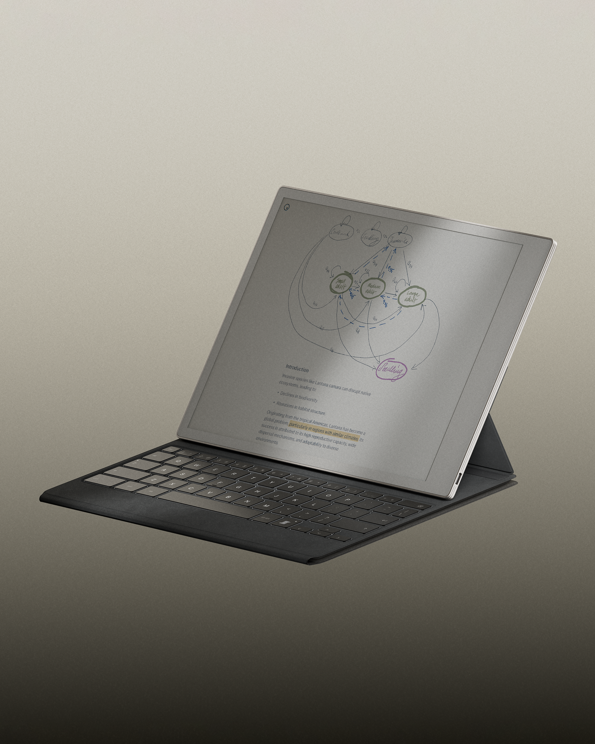 reMarkable Paper Pro tablet on a Type Folio, displaying notes and diagrams.