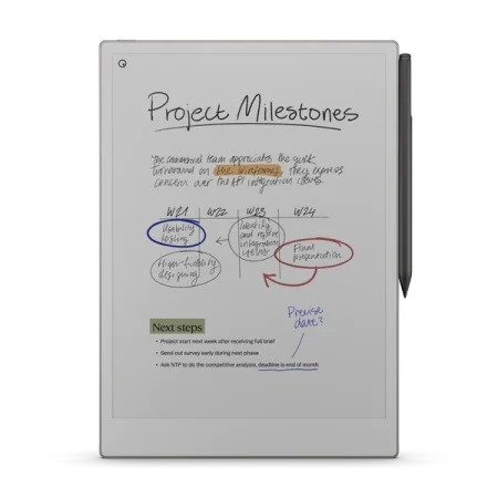 A reMarkable paper tablet displaying project milestones with the Marker nearby.