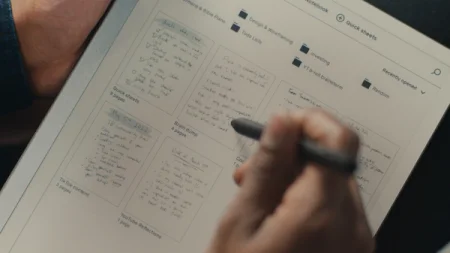 A reMarkable paper tablet displaying multiple Quick sheets notes with a Marker in the foreground.