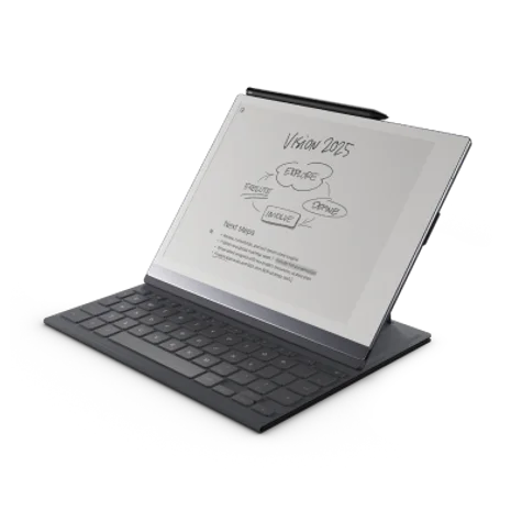 A reMarkable paper tablet with a Type Folio. The screen displays handwritten notes with circled elements and highlighted text.