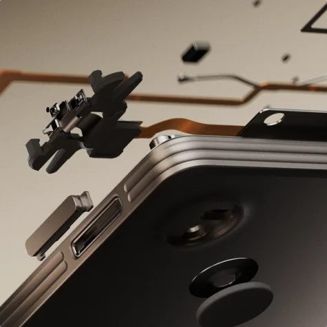 reMarkable paper tablet side view with disassembled components.