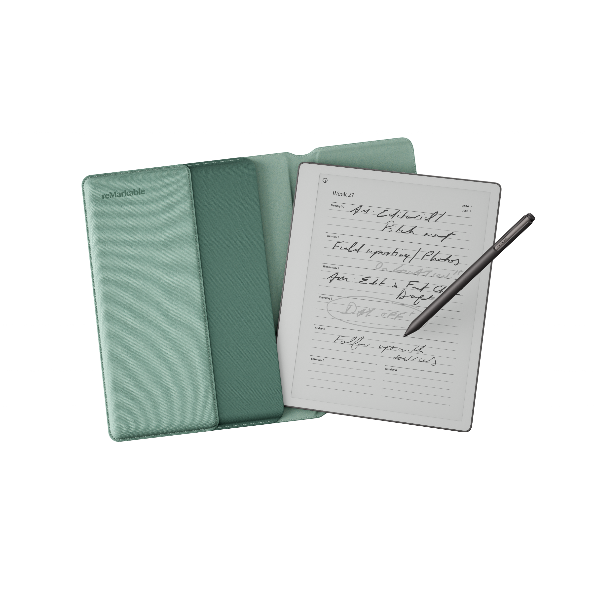Front view of Sleeve Folio in Mist Green showing the reMarkable Paper Pure tablet going inside the Folio