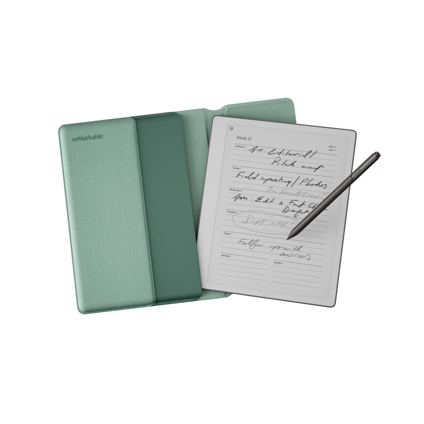Front view of Sleeve Folio in Mist Green showing the reMarkable Paper Pure tablet going inside the Folio