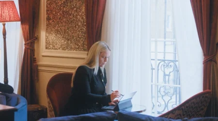 Dorothea using the reMarkable paper tablet with Marker and Book Folio in a quiet space.