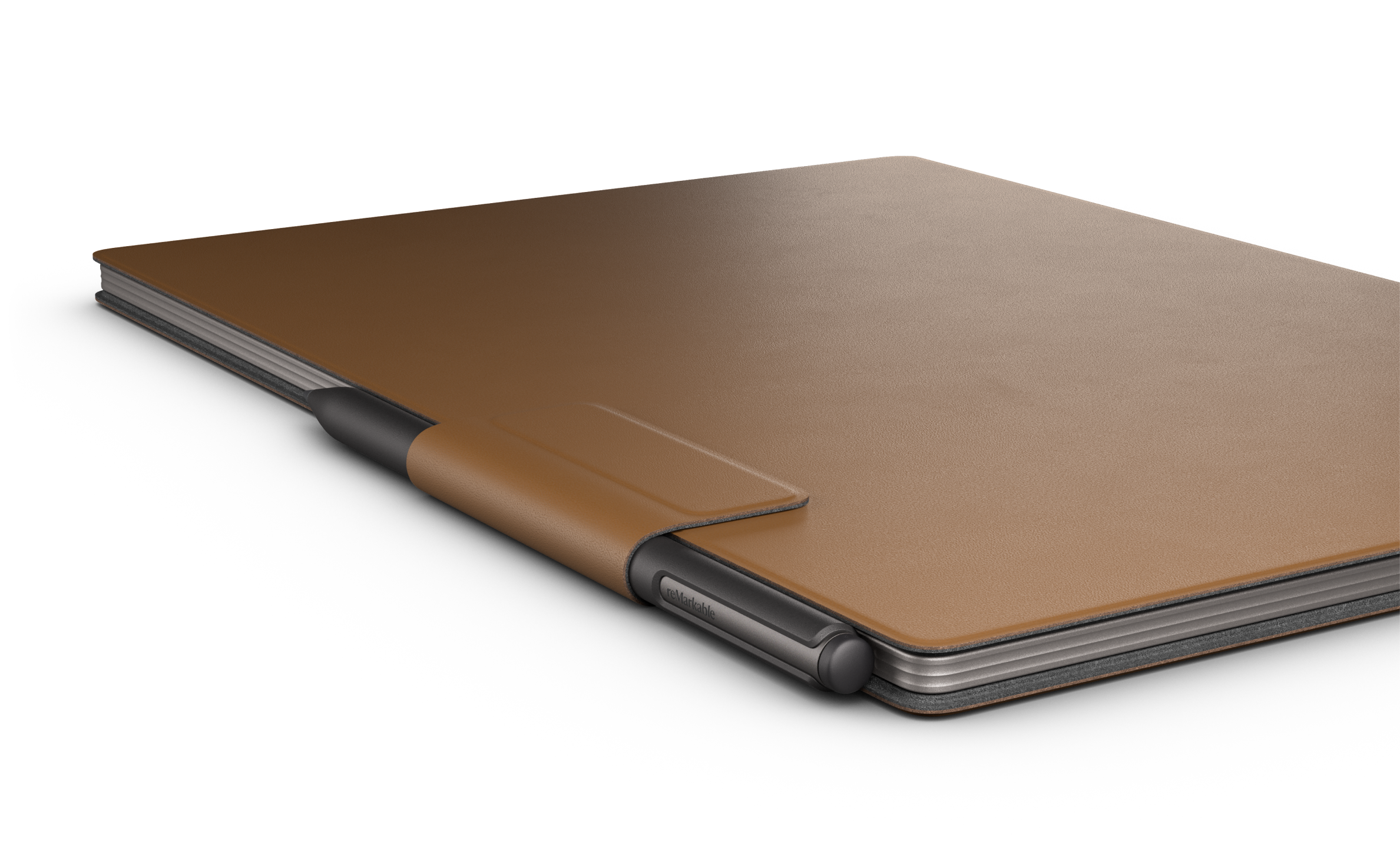 reMarkable Paper Pro from the side, closed, with Marker Plus and brown leather folio