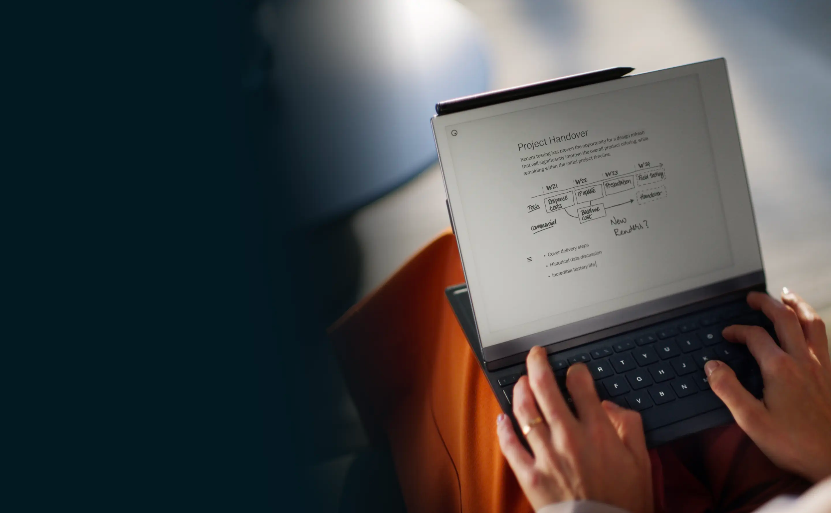 Woman typing on reMarkable 2 with Type Folio