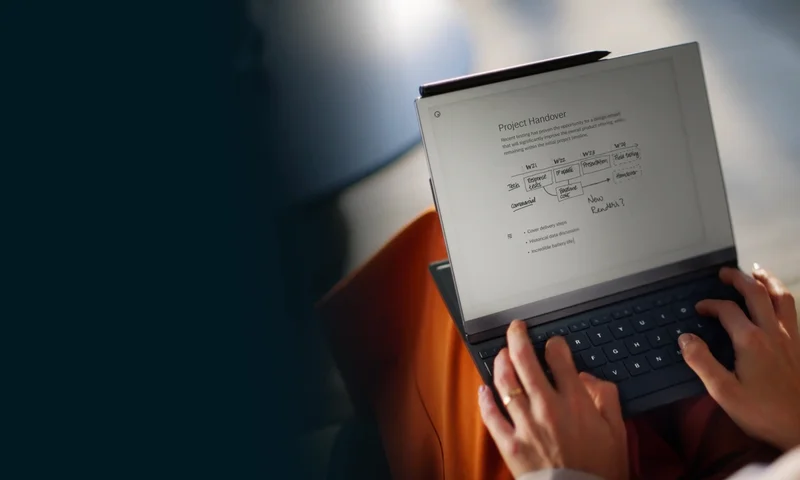 Woman typing on reMarkable 2 with Type Folio