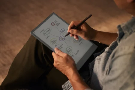 A reMarkable paper tablet showing a mind map, being drawn on with the Marker.