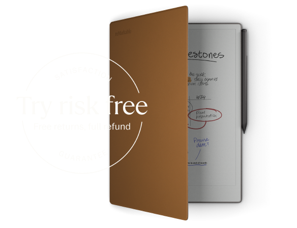reMarkable paper tablet with a brown Book Folio, displaying handwritten notes. Satisfaction guarantee text overlay.