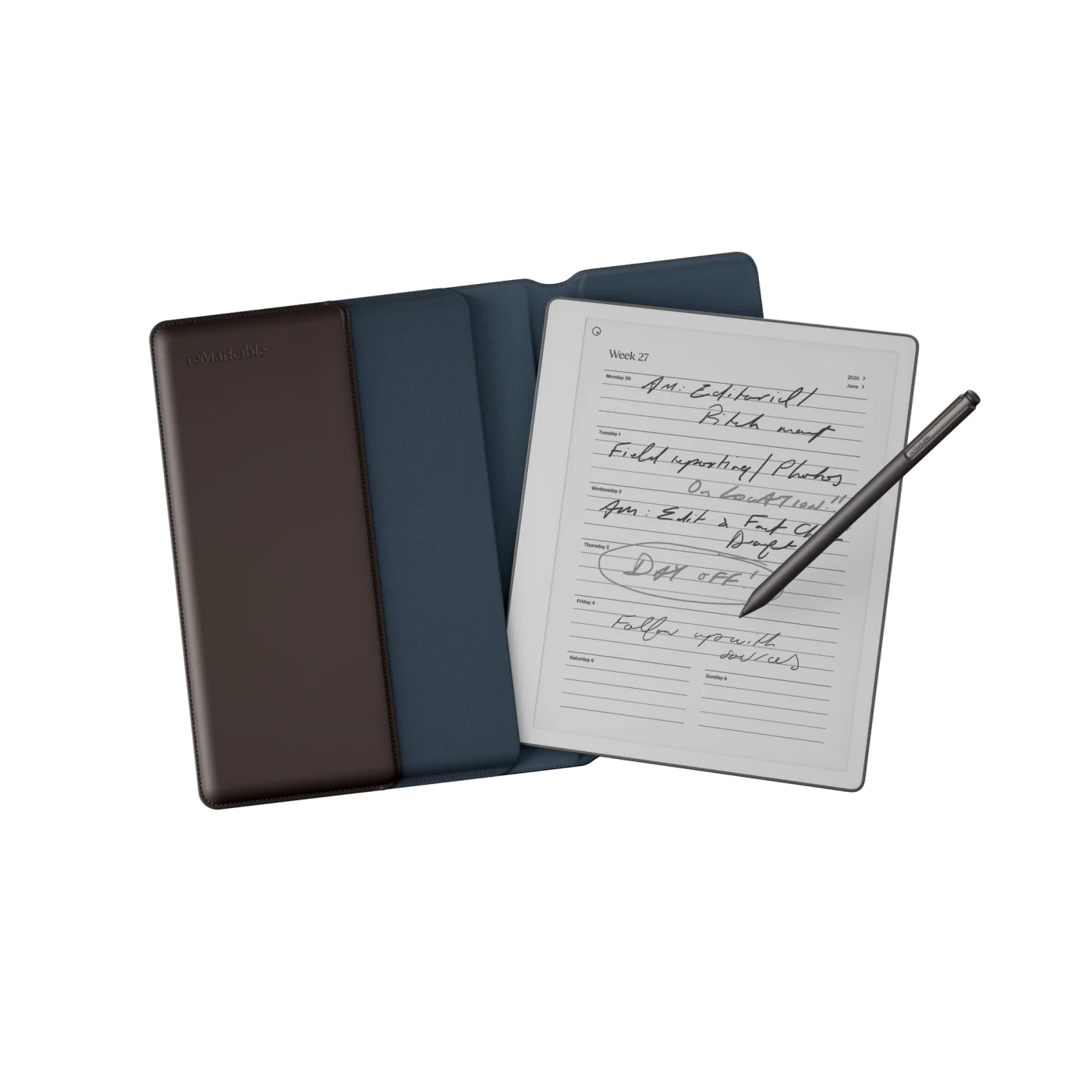 The reMarkable Paper Pure Leather Sleeve Folio in Forest Brown and the device showing note taking with the Marker Plus