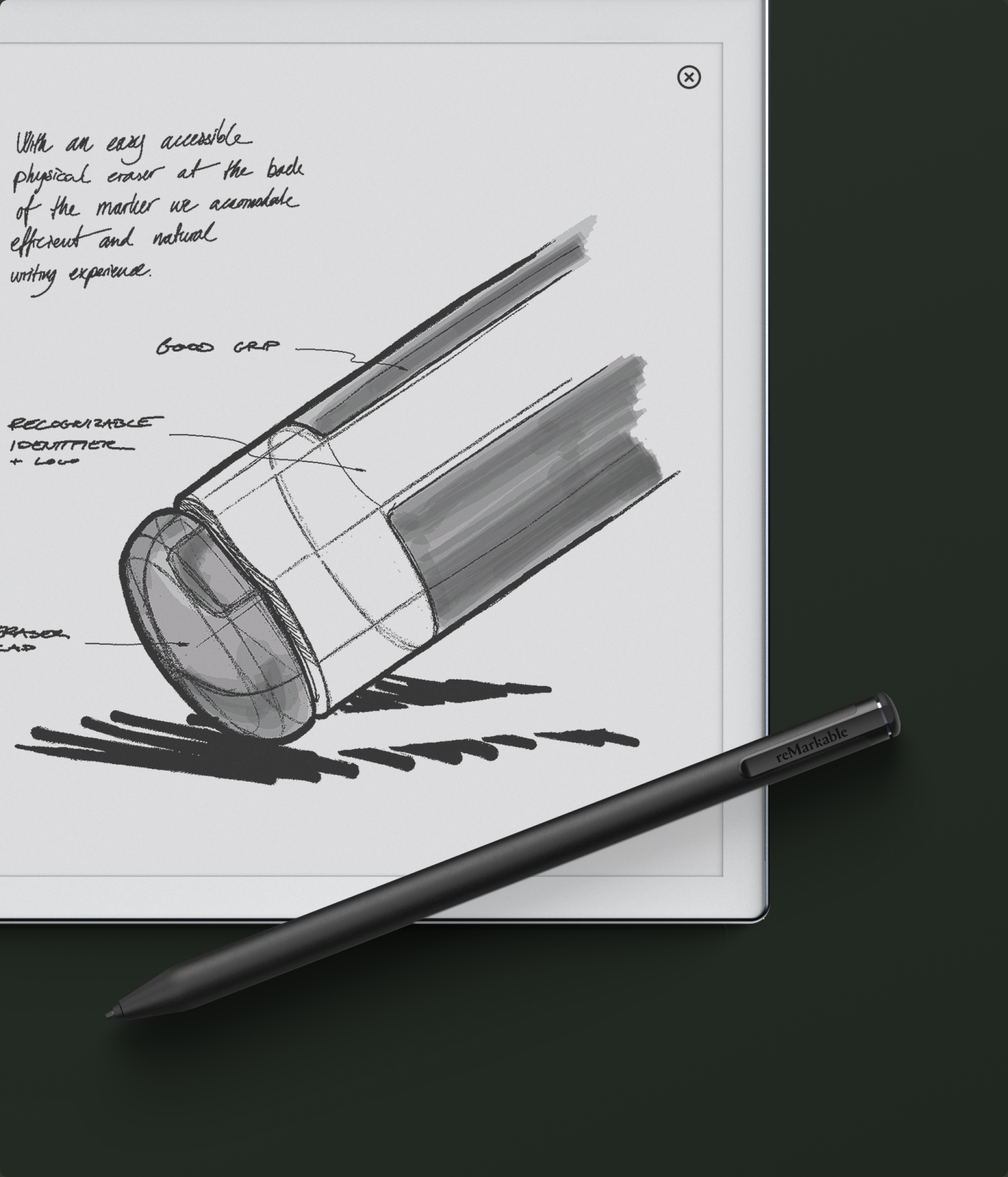 reMarkable 2 tablet displaying sketches and handwritten notes, with a Marker  Plus placed on the dark surface.

