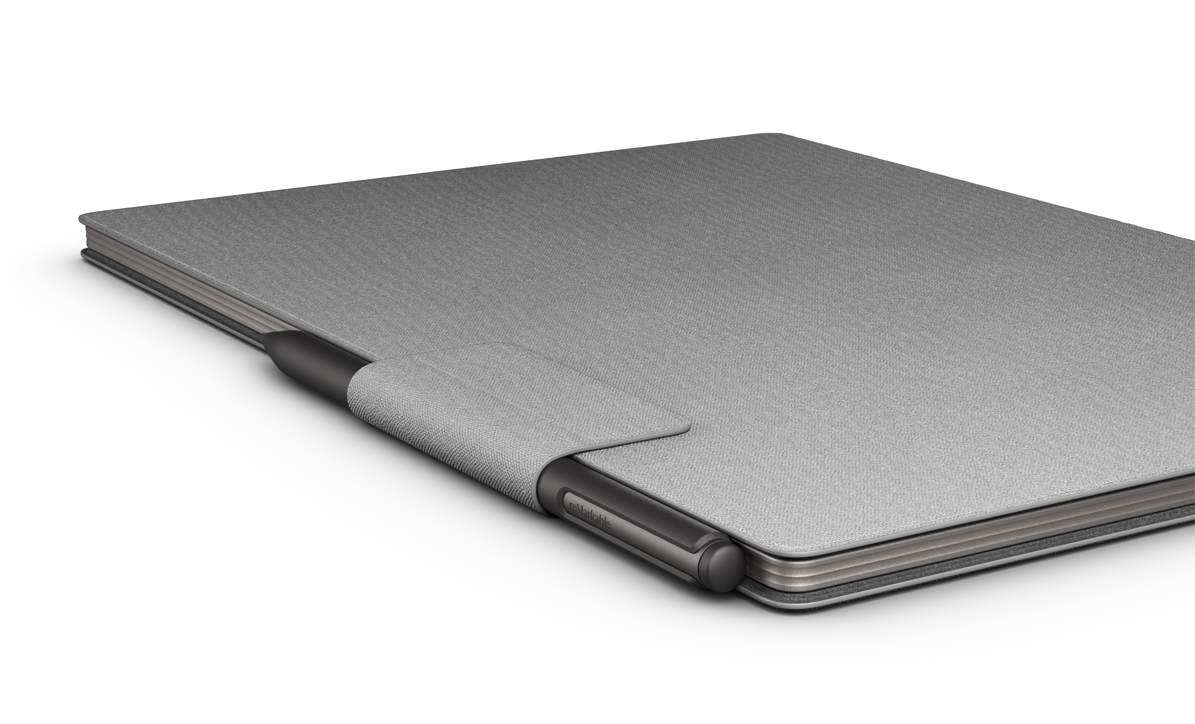 reMarkable Paper Pro with Marker Plus and Polymer Weave folio from the side, closed